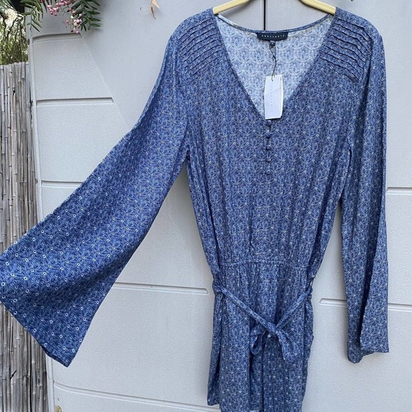 Sanctuary Women's Romper Size L Naomi Printed Pintuck Navy - Picture 7 of 10